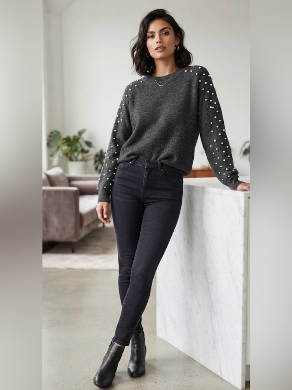 Junarose Vero Moda Pearl Embellished  Pullover Sweater Oversized M  Will Fit L